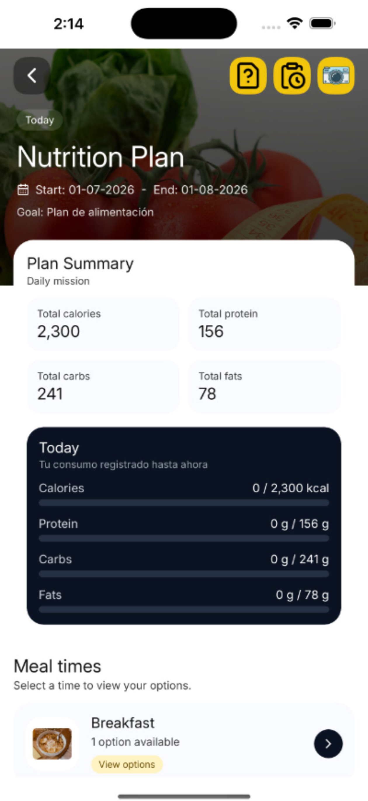 Nutrition plan in the Body Mentor mobile app
