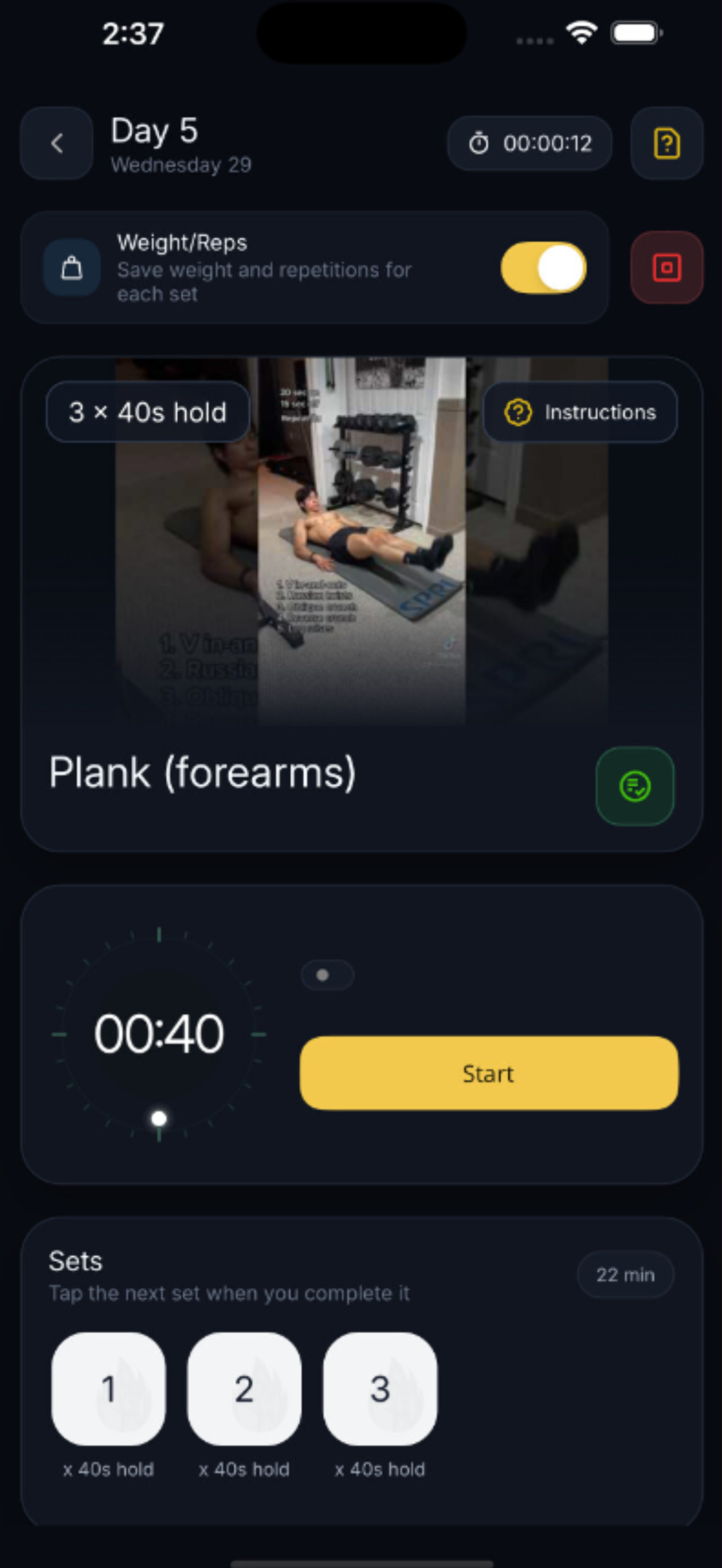 Workout routine in the Body Mentor mobile app
