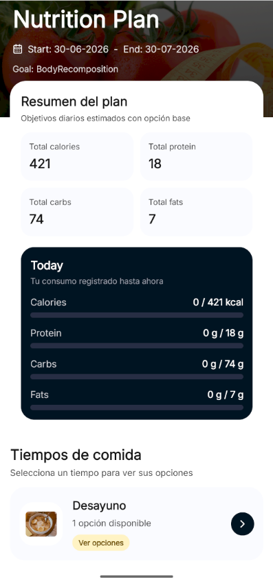 Plan de nutrición en la aplicación BodyMentor